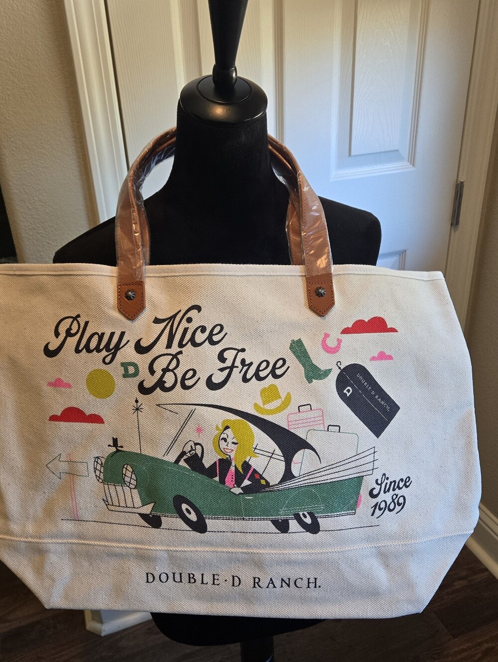 Double D Ranch Natural Canvas Tote with Green and Tan Accents